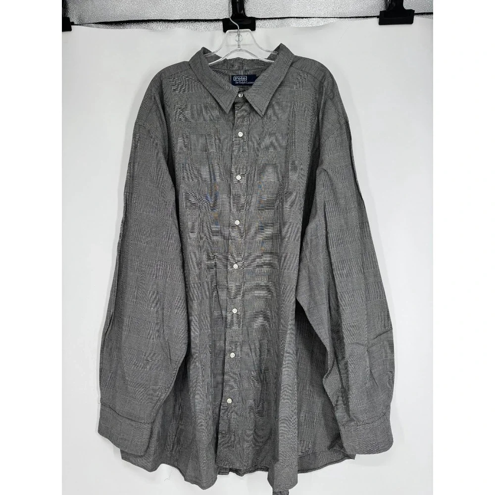 Polo Ralph Lauren Shirt 5XL Big 5XB Grey Houndstooth Plaid Long Sleeve Button Up